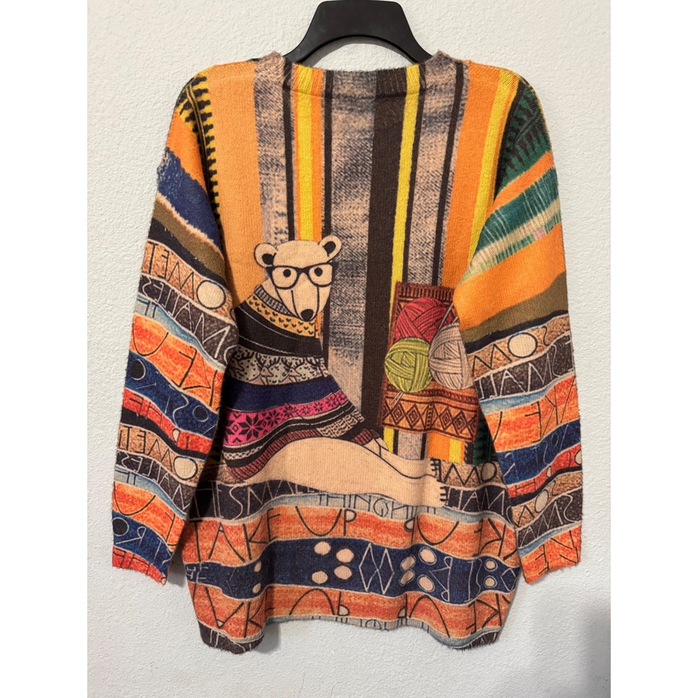 Women Wool Cotton Sweater L Oversized Polar Bear Knitting Graphic Novelty Orange - Picture 2 of 12